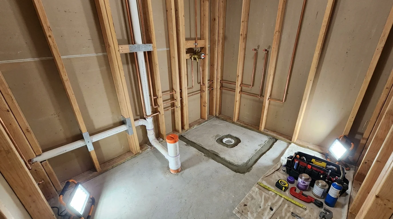 Bathroom rough-in plumbing during remodel by Johns Plumbing LLC in Reedsport