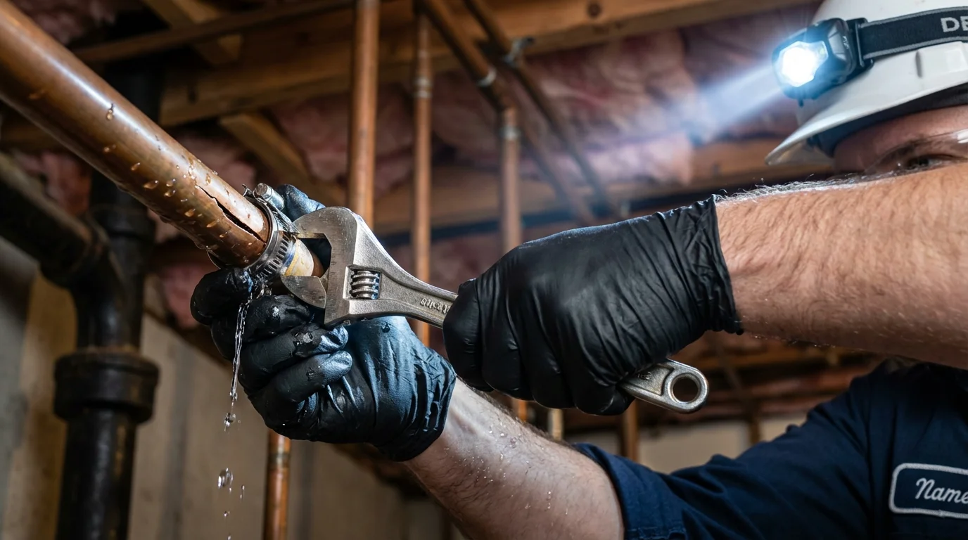 Emergency pipe clamp repair being performed by a Johns Plumbing LLC plumber in Reedsport