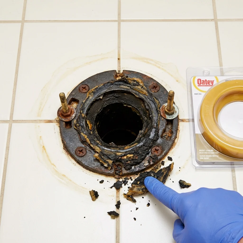Failed wax ring showing water seepage at the base of a toilet in a Reedsport, OR home