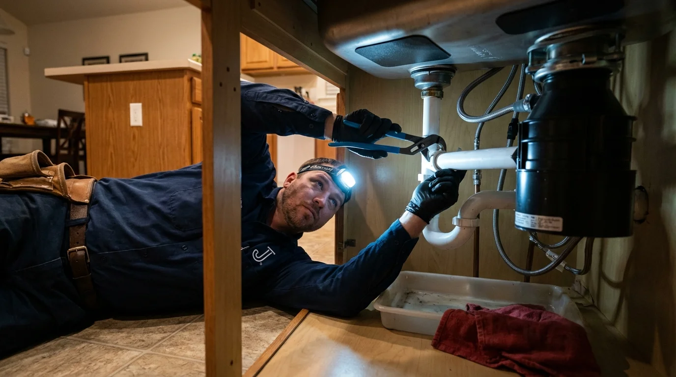 P-trap and supply line connections under a kitchen sink showing a common leak point in Reedsport, OR